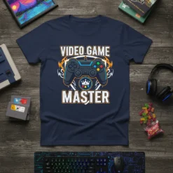 Video Game Master t-shirt design featuring a game controller and fiery accents, perfect for gamers