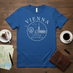 Vienna Central Europe Austria skyline graphic t-shirt design featuring Ferris wheel and cathedral