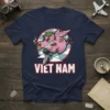 VIET NAM text with a cartoon pig wearing a helmet, holding a cigar and a bomb, on a navy t-shirt