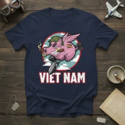 VIET NAM text with a cartoon pig wearing a helmet, holding a cigar and a bomb, on a navy t-shirt