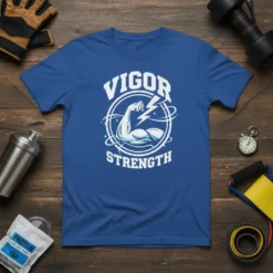 Vigor Strength graphic t-shirt featuring a flexing arm, lightning bolt, and circular design