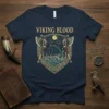 Viking Blood t-shirt design with a longship sailing under the moon, flanked by crossed axes and knotwork