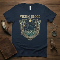 Viking Blood t-shirt design with a longship sailing under the moon, flanked by crossed axes and knotwork