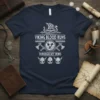 Viking Blood Runs Through My Veins T-Shirt with Viking ship, axes, shield, and helmets graphic