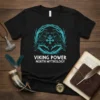 Viking Power North Mythology text with two ravens and a Norse symbol on a black t-shirt