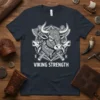 Viking Strength T-Shirt design with a detailed bull head, two wolves, and crossed axes, featuring Norse knotwork