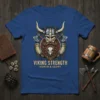 Viking Strength Honor & Glory t-shirt with a detailed illustration of a Norse warrior's helmet, beard, axes, and horns