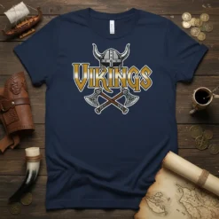 Vikings T-Shirt design with a Viking helmet and crossed battle axes, representing Norse mythology and warrior culture