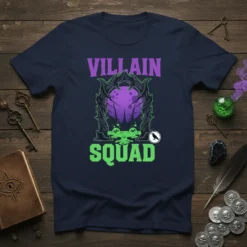 Villain Squad text with a gothic portal graphic and purple moon on a navy t-shirt