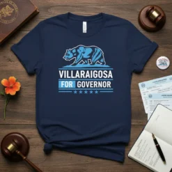 Navy blue t-shirt featuring "Villaraigosa For Governor" text in white and blue with a California bear graphic above