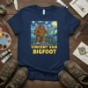 Vincent Van Bigfoot T-Shirt design featuring Bigfoot painting Starry Night, with bold yellow text below