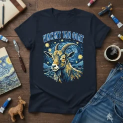 Vincent Van Goat T-Shirt design featuring a goat in a starry night sky inspired by Van Gogh's art