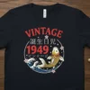 Vintage 1949 Birthday Japanese Koi Fish T-Shirt design with red text and golden koi in waves