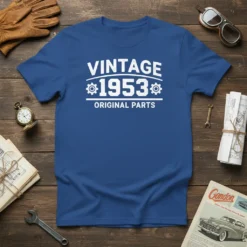 Vintage 1953 Original Parts text design on a blue t-shirt, celebrating a 1953 birthday
