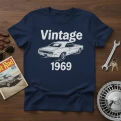 Vintage 1969 classic car design in white text and graphic on a navy blue t-shirt
