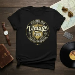 Black t-shirt with "Vintage 1969 Perfectly Aged Fine Grade Established Edition" text in a circular emblem design