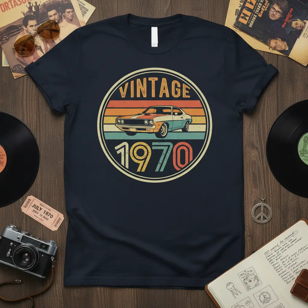 Retro Vintage 1970 Car graphic tee with a classic automobile and bold typography, perfect for birthday gifts