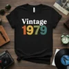 Vintage 1979 text design in white, orange, yellow, green, and teal on a black t-shirt