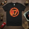 Black t-shirt with a prominent "67" number inside a circle of flames, representing racing