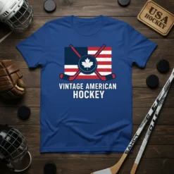 Vintage American Hockey T-Shirt with crossed hockey sticks and a puck against a distressed US flag design