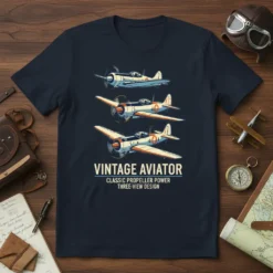 Vintage Aviator Classic Propeller Power Three-View Design T-Shirt featuring three distinct airplane illustrations