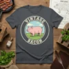 Vintage Bacon t-shirt design with a retro pink pig in a circle and distressed text