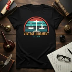 Vintage Judgment Est. 1978 t-shirt featuring scales of justice graphic with "Justice" and "Law" labels