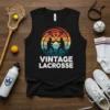 Vintage Lacrosse T-Shirt featuring two players silhouetted against a sunset graphic with bold white text "VINTAGE LACROSSE"