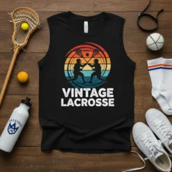 Vintage Lacrosse T-Shirt featuring two players silhouetted against a sunset graphic with bold white text "VINTAGE LACROSSE"