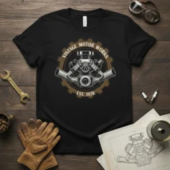 Vintage Motor Works Est 1928 t-shirt design featuring a detailed V8 engine graphic inside a gear and text
