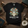 Black t-shirt with "VINTAGE PET CHIC EST. 2023" and a cute chihuahua in a teacup design