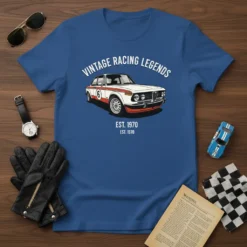 Vintage Racing Legends Est 1970 T-Shirt with a classic 1970s race car graphic and racing flags