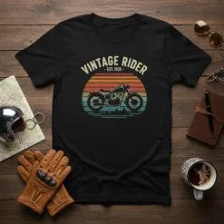 Vintage Rider Est 1920 t-shirt featuring a classic motorcycle silhouette against a sunset graphic