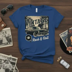 Vintage Rock & Roll t-shirt design with a classic black car, palm trees, and vinyl record graphic