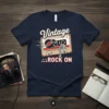 Vintage Rock On T-Shirt with retro cassette tape and microphone graphic, navy blue tee