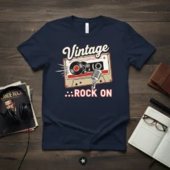 Vintage Rock On T-Shirt with retro cassette tape and microphone graphic, navy blue tee
