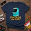 Vintage Since 1984 text with retro arcade machine graphic on a navy blue t-shirt
