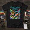 Vintage Vinyl T-Shirt with retro turntable graphic, colorful stripes, and music equalizer illustration