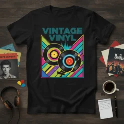 Vintage Vinyl T-Shirt with retro turntable graphic, colorful stripes, and music equalizer illustration