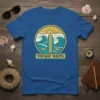 Vintage Waves t-shirt design featuring a retro surfboard, ocean waves, and sun graphic with two fish