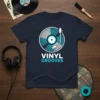 Navy t-shirt with "VINYL GROOVES" text and a graphic of a record player with a spinning vinyl disc