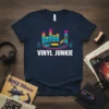 VINYL JUNKIE t-shirt with a graphic of a turntable, vinyl record, and equalizer bars