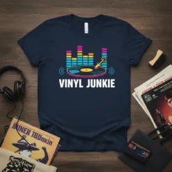 VINYL JUNKIE t-shirt with a graphic of a turntable, vinyl record, and equalizer bars
