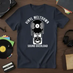 VINYL MELTDOWN SOUND OVERLOAD text and graphic design on a dark t-shirt, featuring a melting vinyl record and speaker