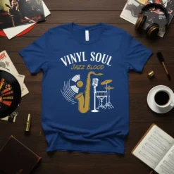 Vinyl Soul Jazz Blood t-shirt design featuring a saxophone, vinyl record, and drums with vintage musical typography