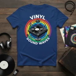 Vinyl Sound Waves T-Shirt with a colorful rainbow circle around a turntable graphic