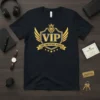Black t-shirt with a gold VIP Very Important Person crest design featuring a lion and wings