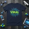Navy t-shirt with the word VIRAL in bright green, surrounded by a colorful explosion of dots and lines