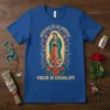 Virgen de Guadalupe t-shirt with "Impertariz De Las Américas" text in decorative arch, featuring roses and stars