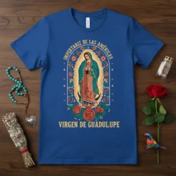 Virgen de Guadalupe t-shirt with "Impertariz De Las Américas" text in decorative arch, featuring roses and stars